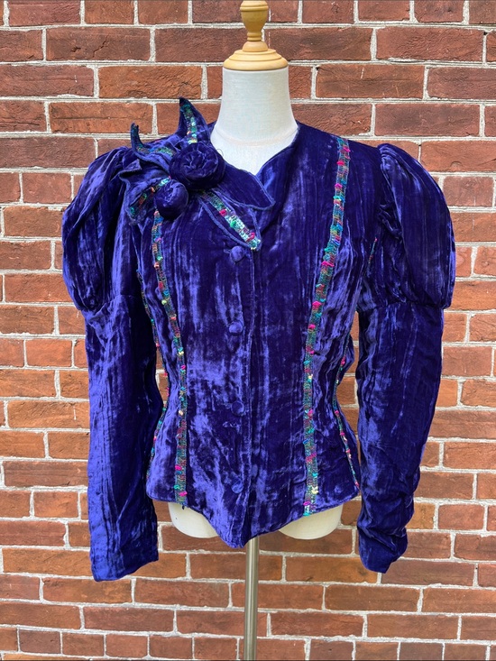 Vintage Jackets & Blazers - Vintage Deep Purple Crushed Velvet Puff Sleeve Top